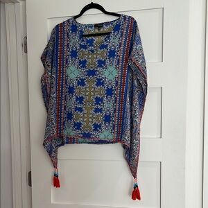 The Limited Blue and Red Asymmetrical Long Sleeve Blouse